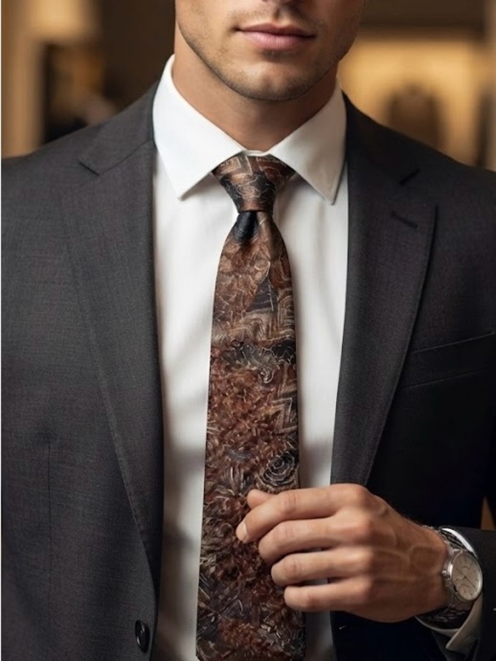 Christian Dumas 100% Silk Abstract Pattern Necktie Tie Earthy Bronze Geometric
